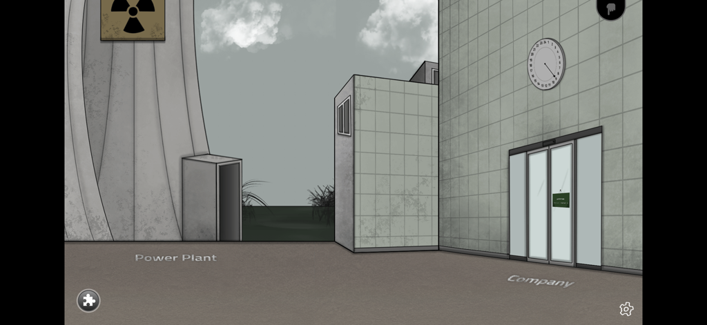 Unknown - Foggins - Stylized mystery game screenshot featuring a power plant and a company building entrance