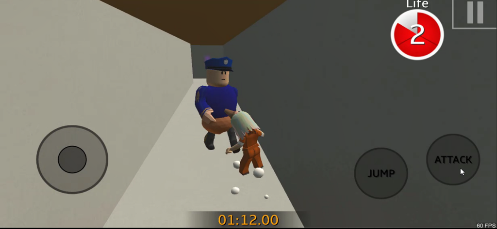 Escape  Barry Prison: Obby Run - A prisoner character escaping from a blocky guard in a hallway during a level of Escape Barry Prison Obby Run