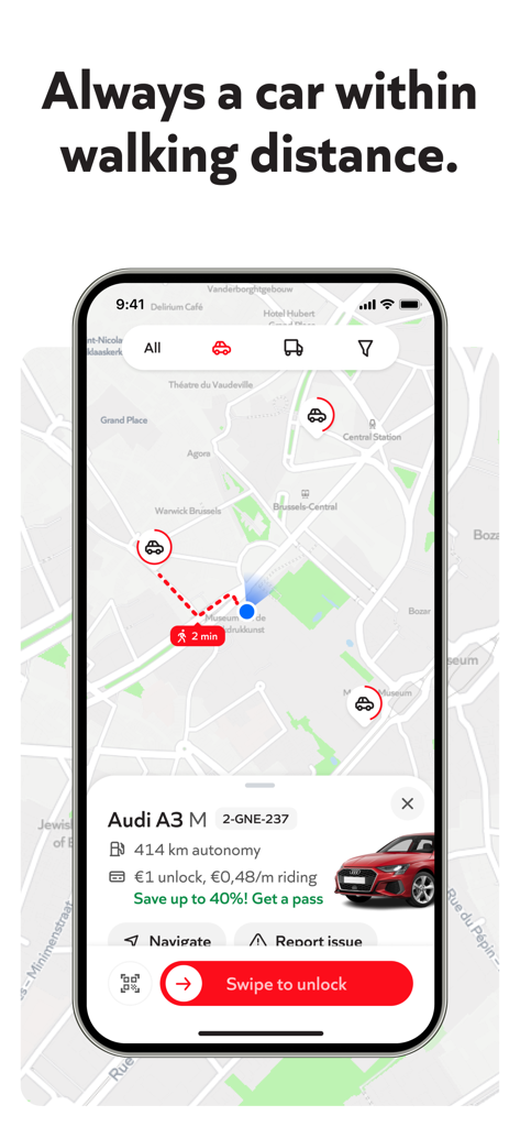 Poppy car sharing mobile app interface showing available vehicles on a map and rental details for an Audi A3