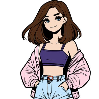 a realistic girl with a crop top and short shorts in an open jacket