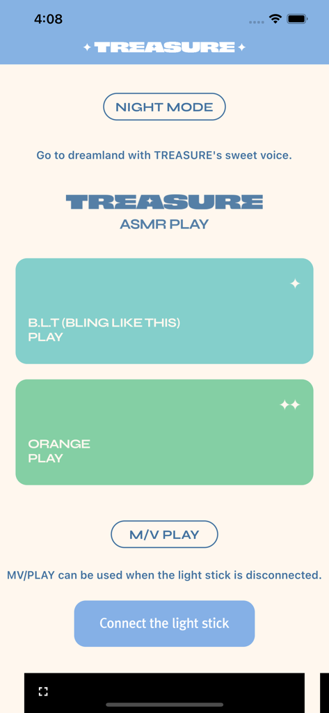 TREASURE LIGHT STICK - Treasure Light Stick app interface showing ASMR and song play options