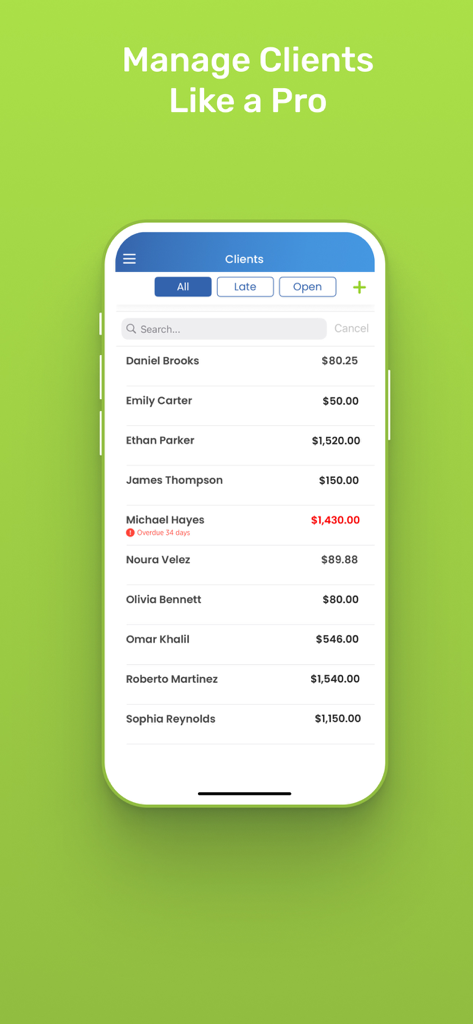 Pool Service Software - A mobile app interface showing a list of pool service clients with their account balances and overdue payment alerts