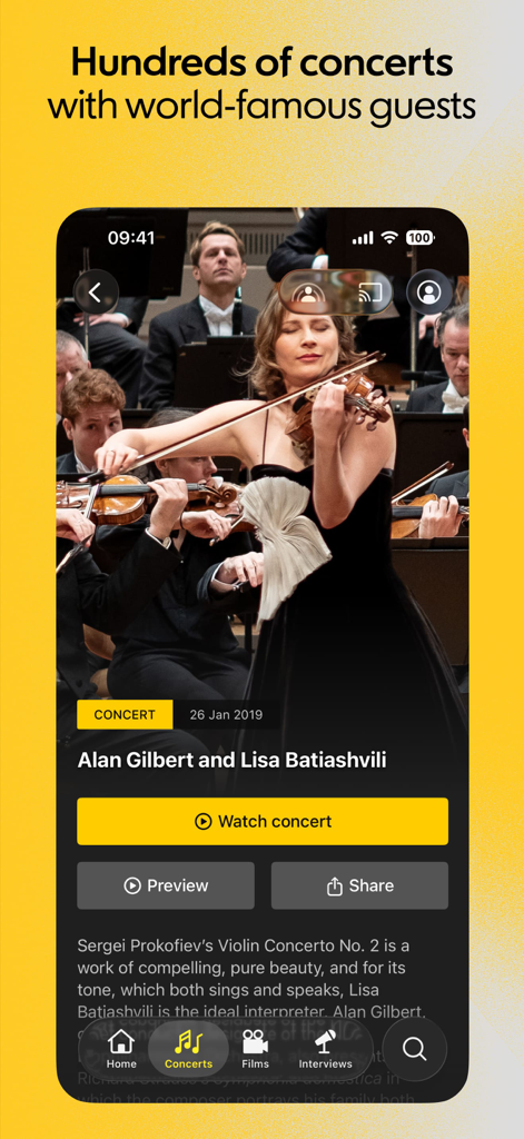 Berliner Philharmoniker - Ein Smartphone-Bildschirm zeigt eine klassische Musikkonzertaufführung von Lisa Batiashvili in der Digitalen Konzerthalle App.
