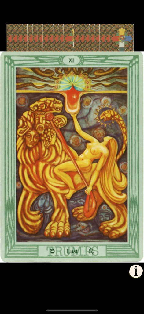 A high-resolution display of the XI Lust tarot card within the Mystic Tarot Plus app interface.