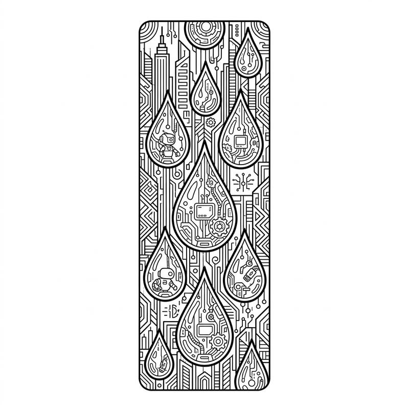 Explore the intricate world of a cyberpunk downpour with this unique bookmark coloring page. Each rain droplet is a mini-universe of circuits, robots, and glowing tech, perfect for sci-fi enthusiasts.