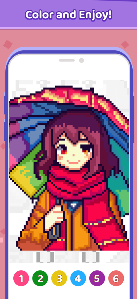 Pixel Breeze - Color By Number - Anime girl pixel art illustration on a mobile phone screen in the Pixel Breeze color by number app