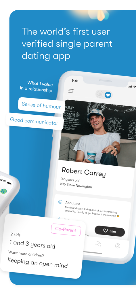 A single parent dating profile screen from the Frolo app displaying family details and verified status.