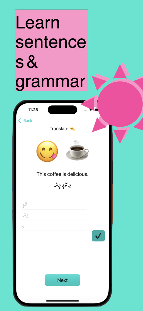 Dhivehi language app interface showing a translation exercise from English to the Dhivehi Thaana script.