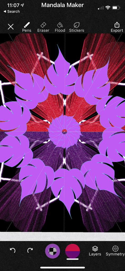 Symmetric mandala design with purple leaves and drawing tools in the Mandala Maker app