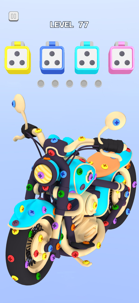 Screw Sort 3D: Pin Puzzle Game - Gameplay screenshot of Screw Sort 3D featuring a 3D motorcycle covered in colorful screws and matching sorting bins