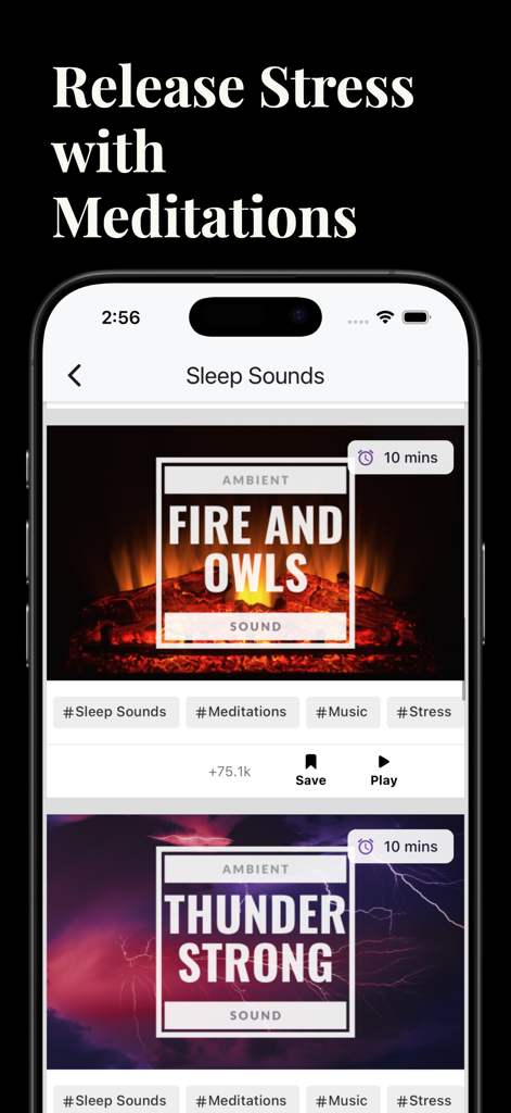 Un écran de smartphone affichant la section Sons de sommeil de l'application Motivational Quotes Daily+ avec des options de sons ambiants comme Feu et Hiboux et Tonnerre Fort.