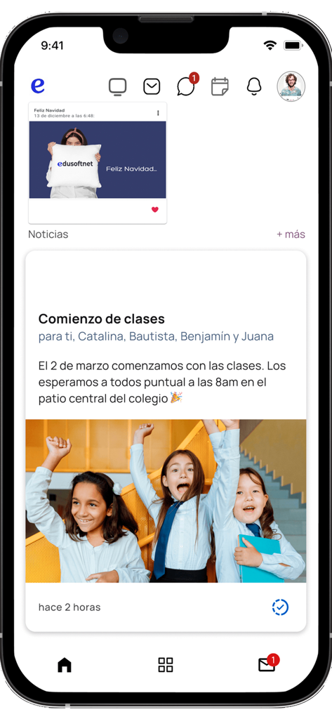 Mobile dashboard of edusoft.net showing school announcements and class start dates for students and parents