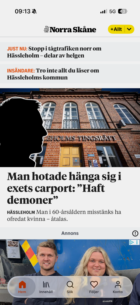 Norra Skåne - Interface of the Norra Skane mobile app showing local Swedish news headlines and a feed for Hassleholm