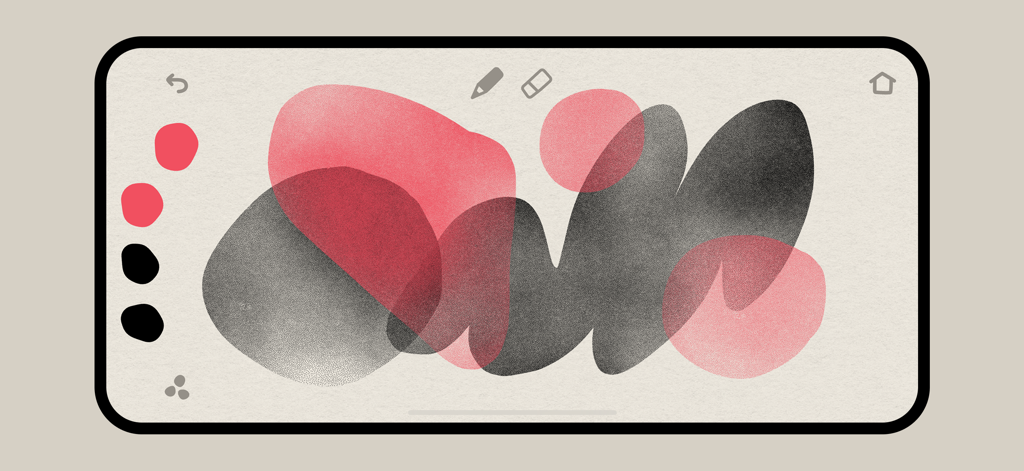 Minimal interface of the Graintouch app showing textured pink and black organic shapes overlapping on a paper-like canvas