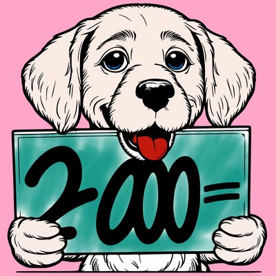 realistic dog holding a 200 like sign in his mouth