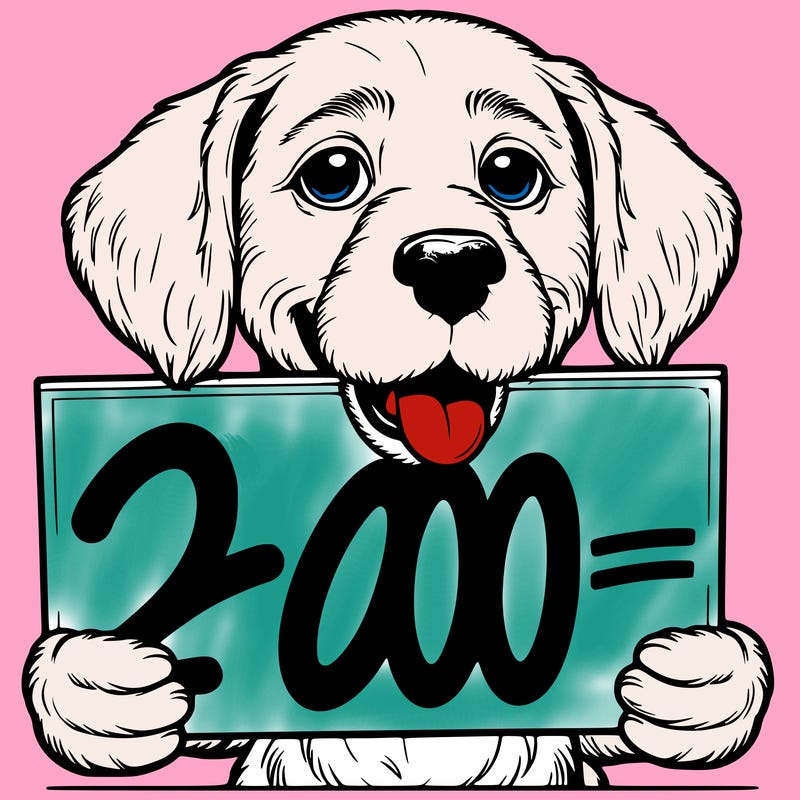 realistic dog holding a 200 like sign in his mouth