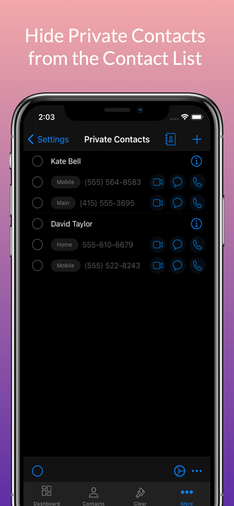 Contact Manager + - Interfaz de la función de contactos privados que permite a los usuarios ocultar contactos específicos de su lista principal