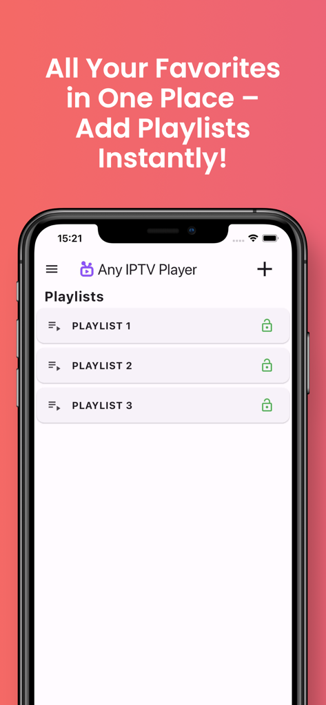 Any IPTV Player - Any IPTV Player app interface showing the playlist management screen with multiple playlists and security lock icons