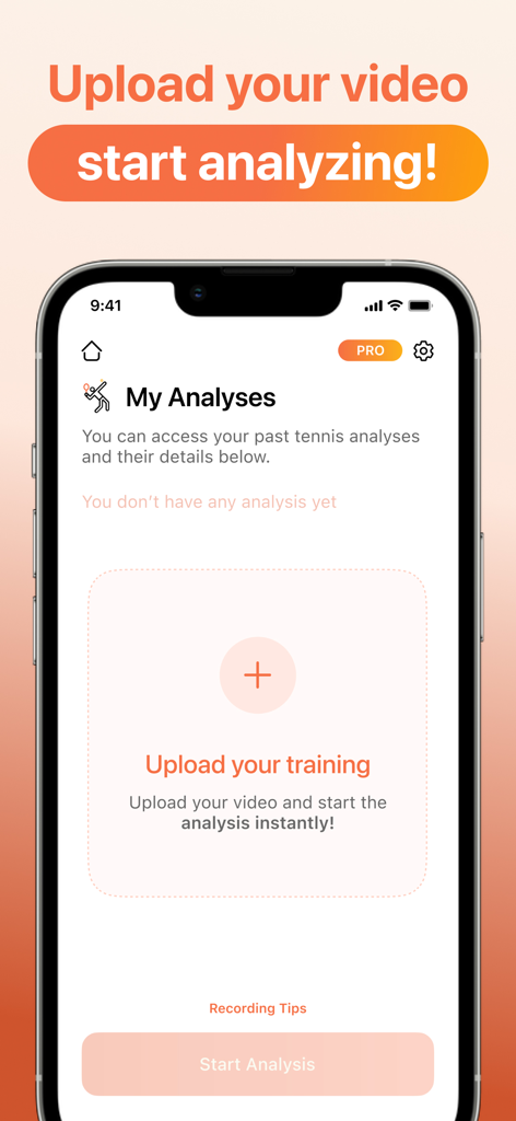 CoachIQ: AI Technic Analyzer - CoachIQ app interface showing the upload training screen to start AI sports technique analysis.