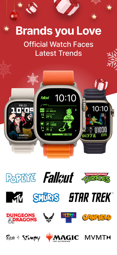 Showcase of official branded watch faces for Apple Watch including Fallout and Popeye designs