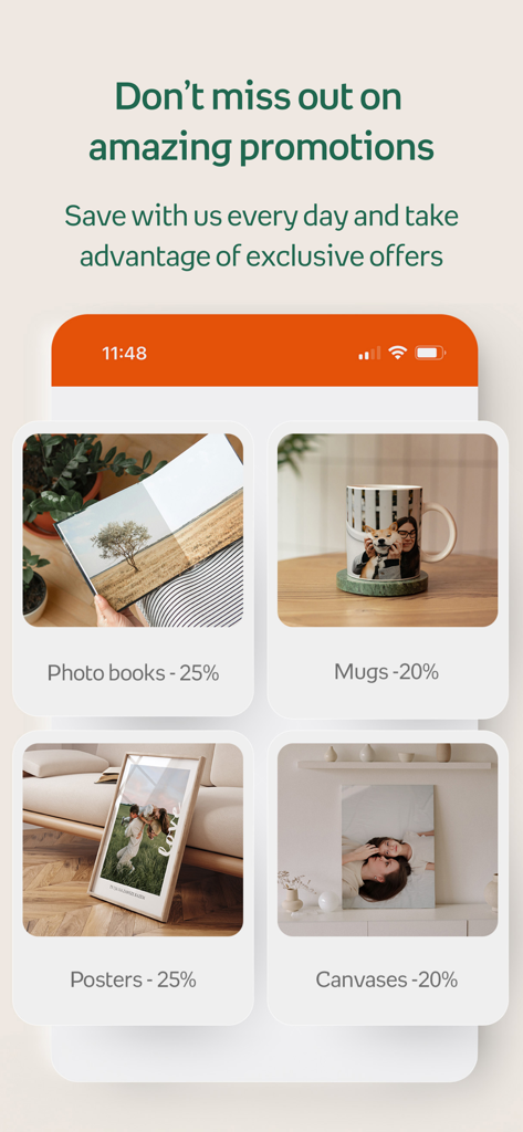 Écran de l'application Empik Foto affichant des réductions sur les livres photo et les cadeaux personnalisés