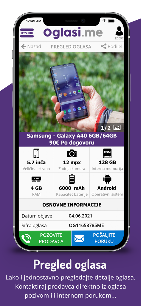 Oglasi - Oglasi.me marketplace app showing a mobile phone listing with specs and contact options