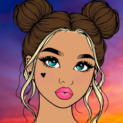 realistic girl with two buns on her hair and lips