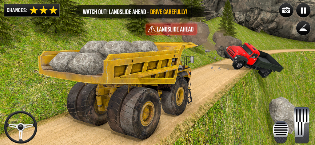 Gameplay screen showing a yellow dump truck navigating a landslide on a mountain road