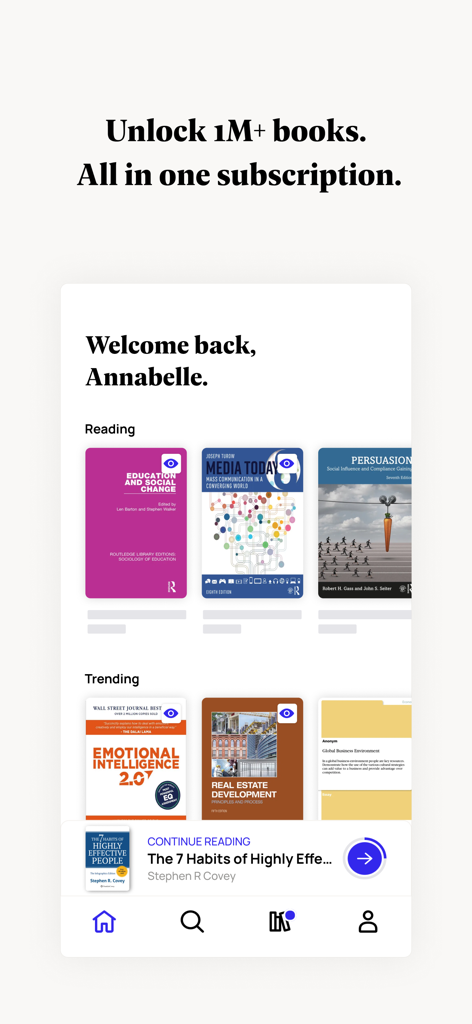 Perlego: Books & Textbooks - Perlego app interface showing a personalized reading dashboard with academic textbooks and trending titles