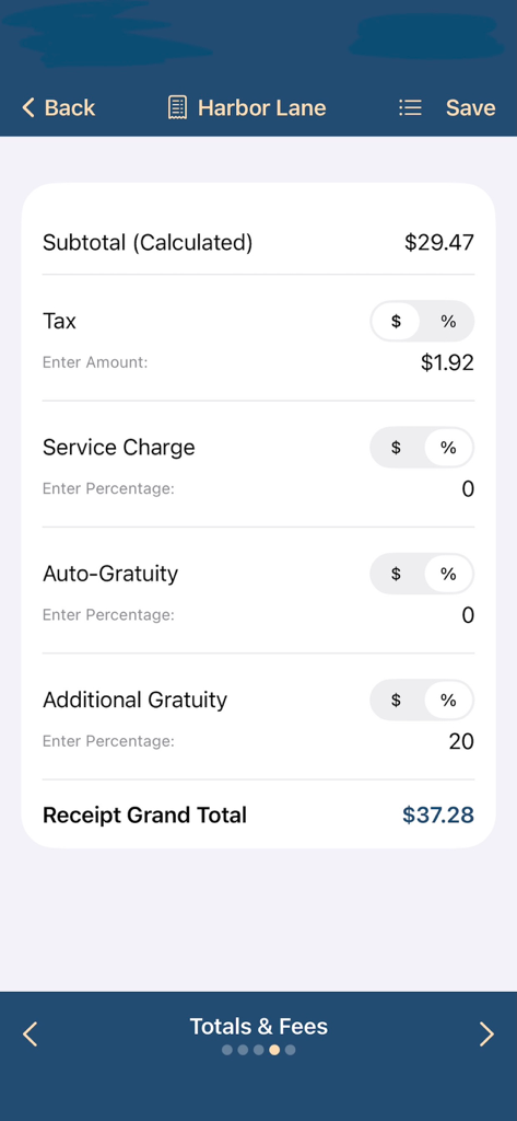 SplitCheck: Scan-Select-Split - SplitCheck app screen showing subtotal tax and gratuity calculation for a restaurant bill