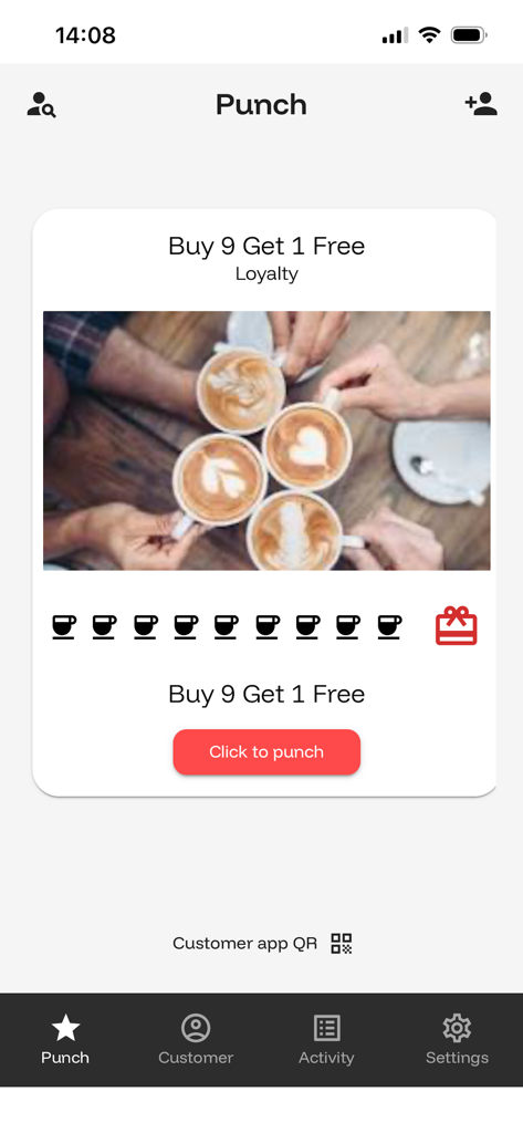 Cartão de fidelidade digital para um programa de fidelidade de cafeteria mostrando o progresso das recompensas