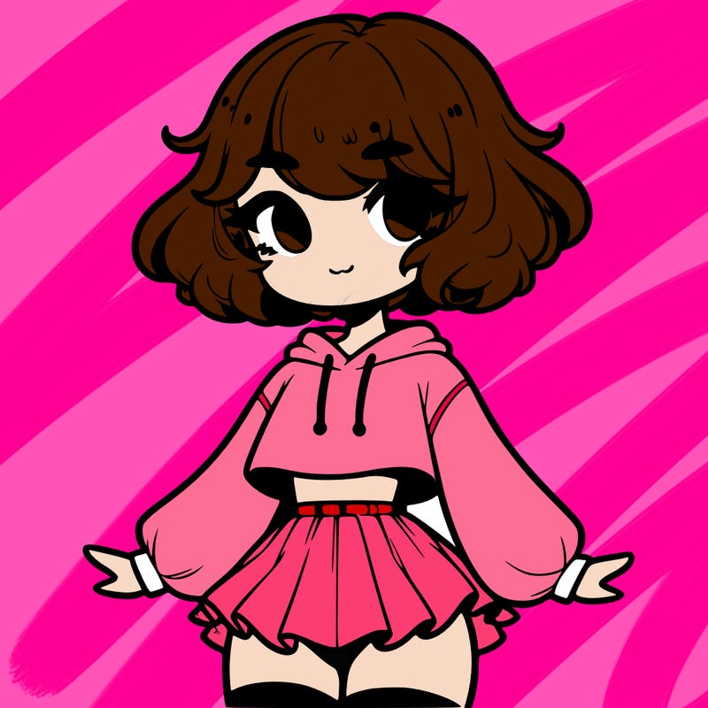 cute femboy with short, fluffy hair that softly frames their face, wearing a cropped hoodie, paired with a flouncy short skirt, and thigh-high stockings