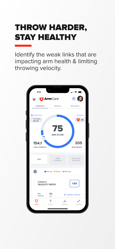 Arm Care - Arm Care app dashboard showing arm strength and throwing velocity metrics for baseball pitchers.