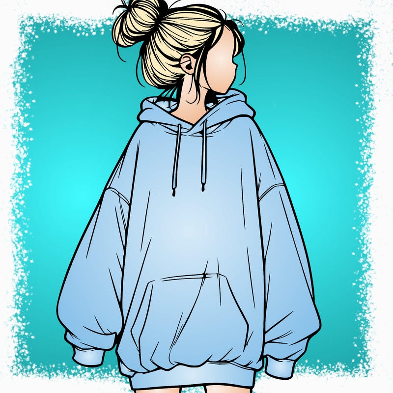 realistic girl with a oversized sweatshirt on and a bun