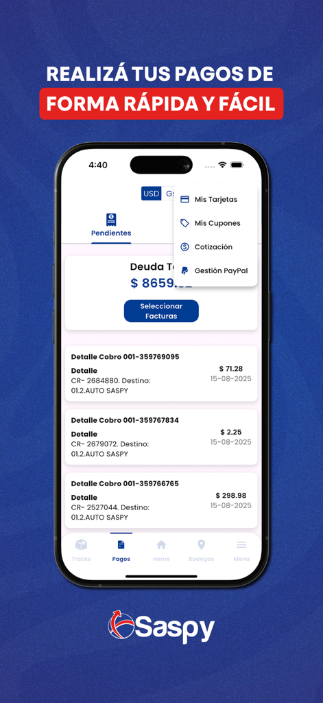 Saspy Express mobile app payment screen showing pending invoices and financial management options