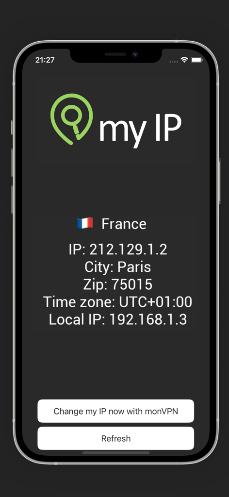 L'app My IP mostra indirizzi IP pubblici e locali con dati sulla posizione su un iPhone