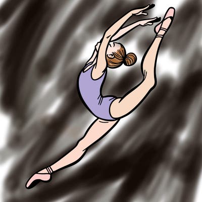 gymnast doing a leap in a leotard with a bent back leg
