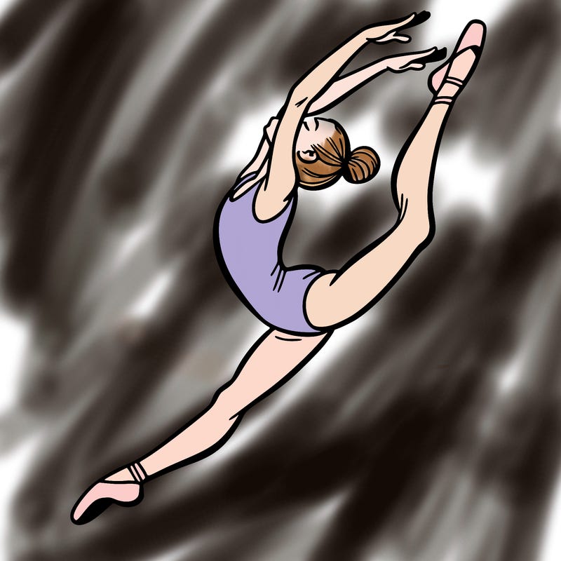 gymnast doing a leap in a leotard with a bent back leg