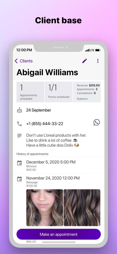 Beautician calendar - Bildschirm der Kosmetiker-Kalender-App mit einem detaillierten Kundenprofil inklusive Terminverlauf, Notizen und Umsatzstatistiken