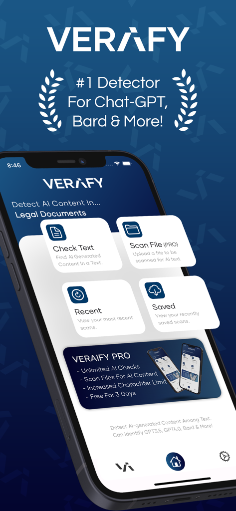 Veraify: AI Detector & Scanner - Interface de l'application Veraify pour détecter le contenu IA de ChatGPT et Bard