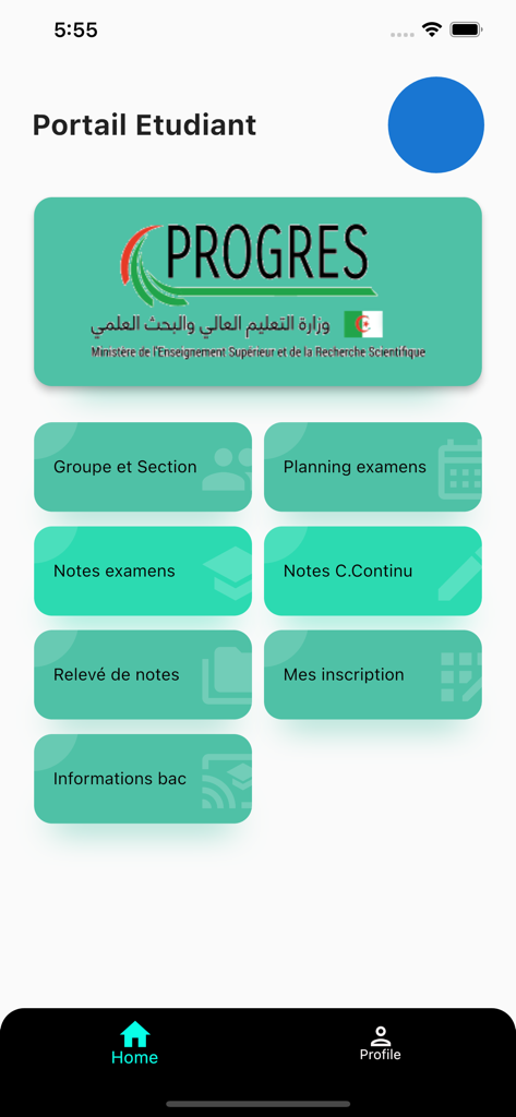 Tela inicial do aplicativo móvel WebEtu PROGRES exibindo um portal do estudante com botões para notas de horários de exames e registros acadêmicos