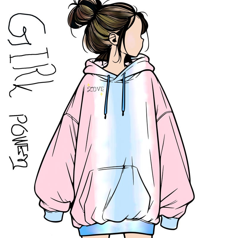 realistic girl with a oversized sweatshirt on and a bun