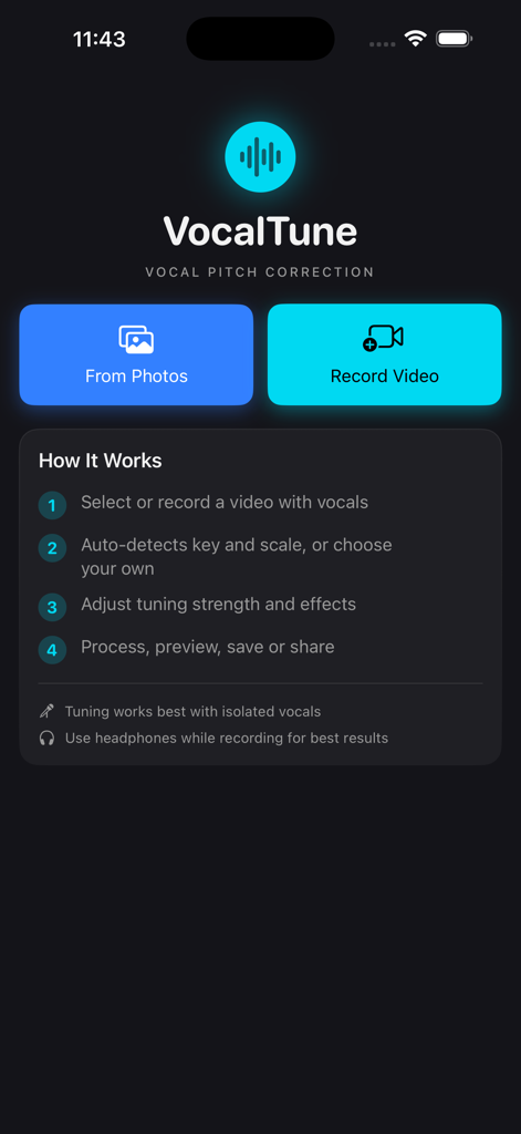 VocalTune 모바일 앱 홈 화면. 동영상 녹화 또는 사진에서 가져오기 버튼이 보컬 음정 보정을 위해 표시됨
