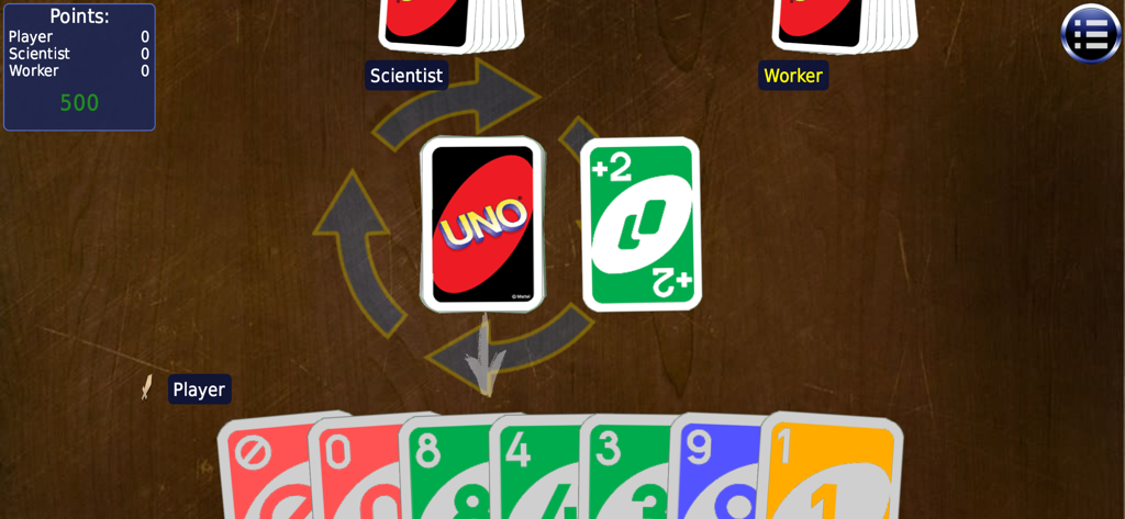 Board and card games - Uno card game interface with player scores and cards on a wooden background