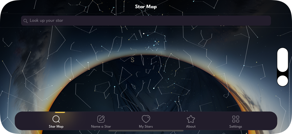 Celestial star map interface within the Name Star Register app featuring constellations and a search bar to look up named stars.