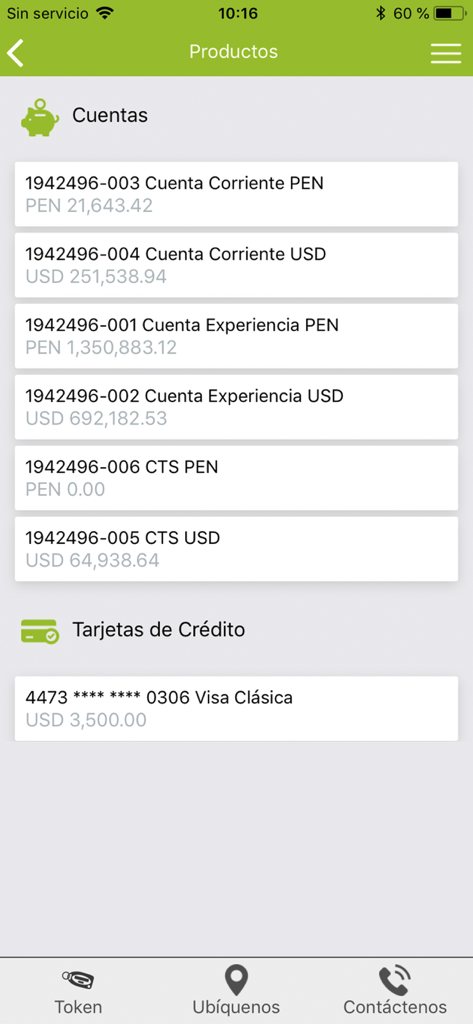 Interface of the Banco GNB Perú mobile app showing a list of savings and checking accounts in PEN and USD along with credit card details.