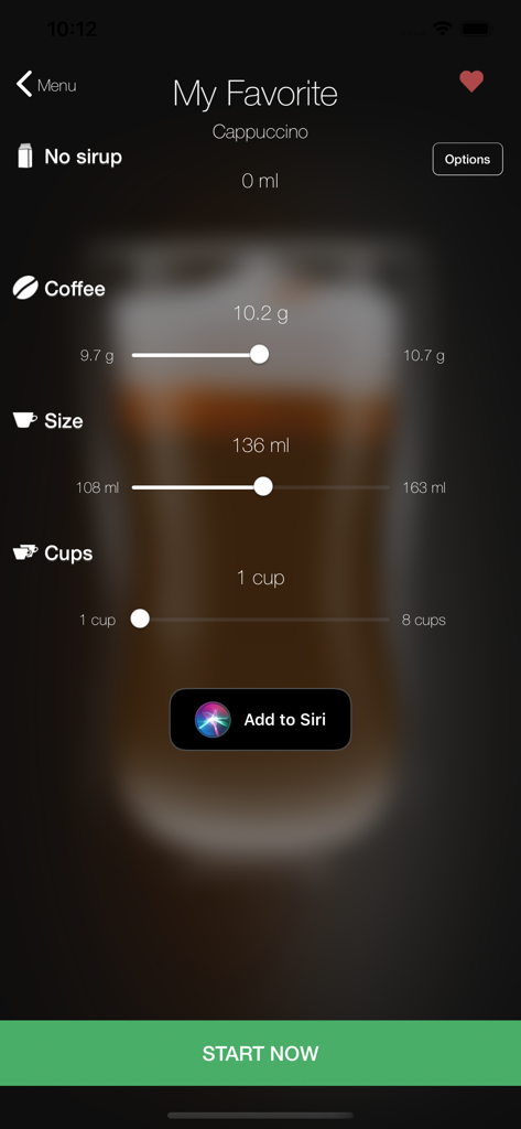 TopBrewer app interface showing sliders to customize coffee weight and drink size for a personalized cappuccino.