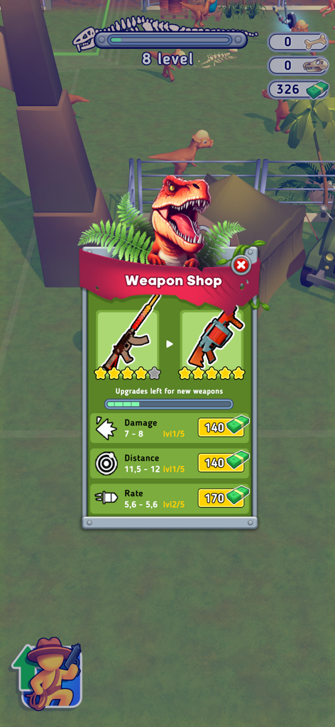 Dino Fighter: Jurassic Escape - In-game weapon shop menu in Dino Fighter showing gun upgrades and combat stats