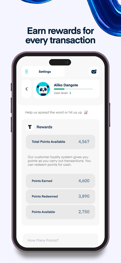 Cardtonic mobile app interface showing a customer loyalty rewards dashboard with points earned and available for redemption.