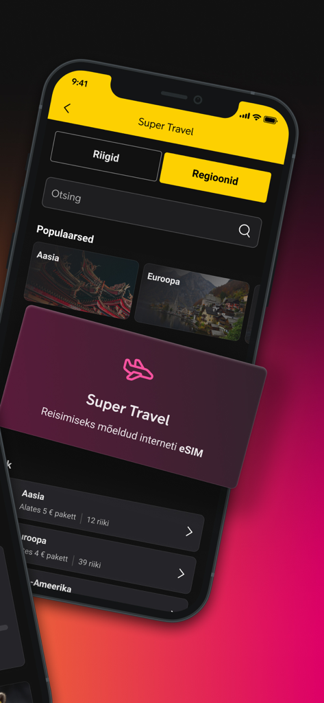 Interface of the Super Travel app showing eSIM data plans for different regions like Europe and Asia.